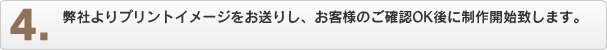 弊社よりプリントイメージをお送りし、お客様のご確認OK後に制作開始致します。