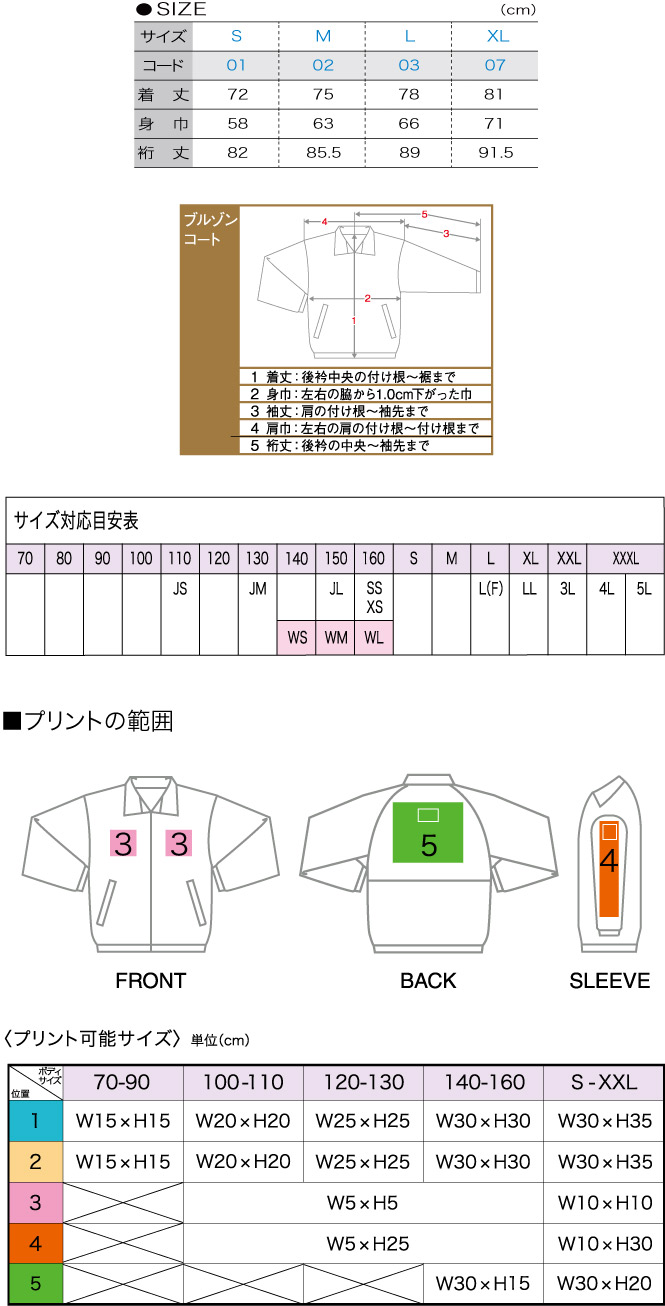 商品サイズとプリント範囲
