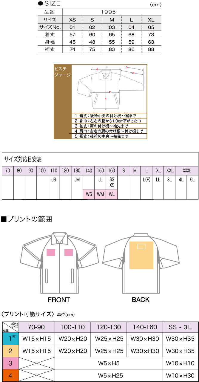 商品サイズとプリント範囲