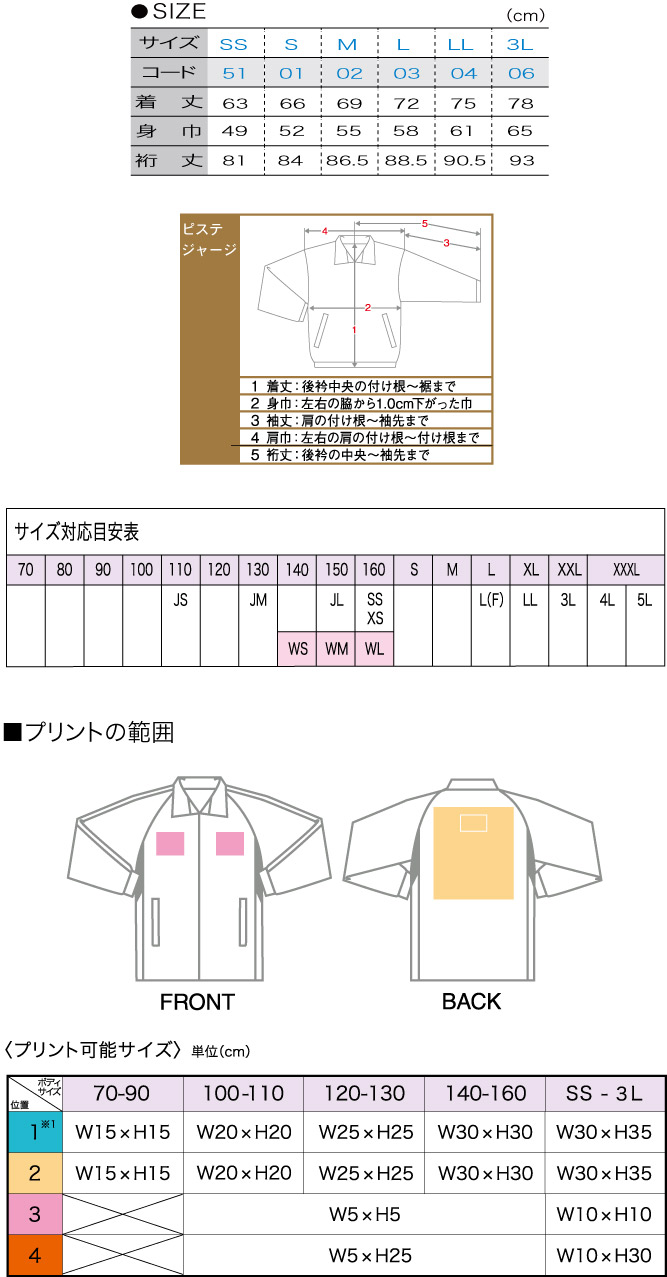 商品サイズとプリント範囲