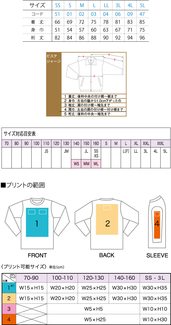 商品サイズとプリント範囲