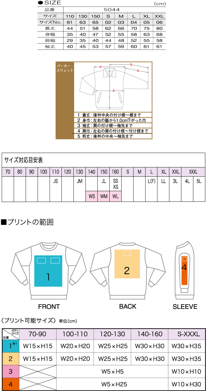 商品サイズとプリント範囲
