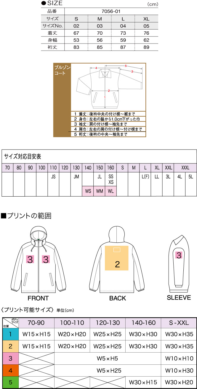 商品サイズとプリント範囲