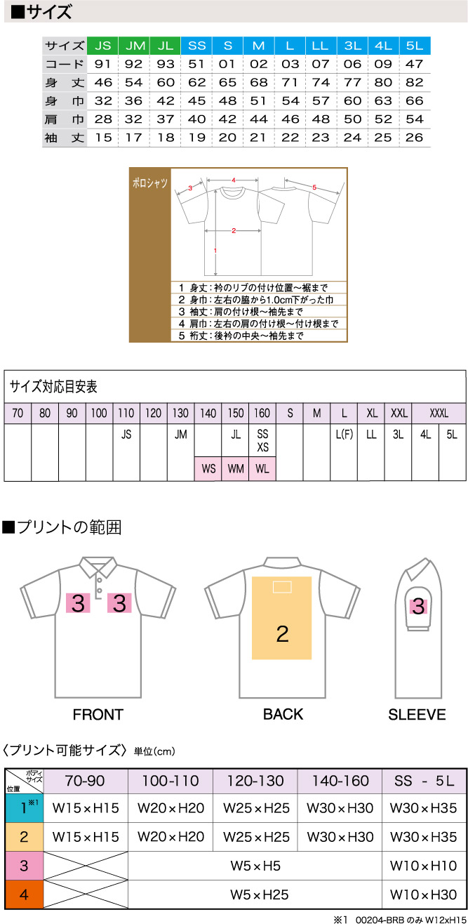 商品サイズとプリント範囲