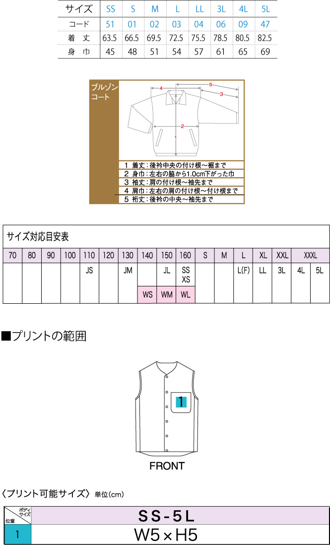 商品サイズとプリント範囲