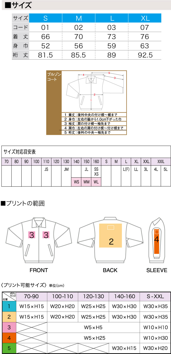 商品サイズとプリント範囲