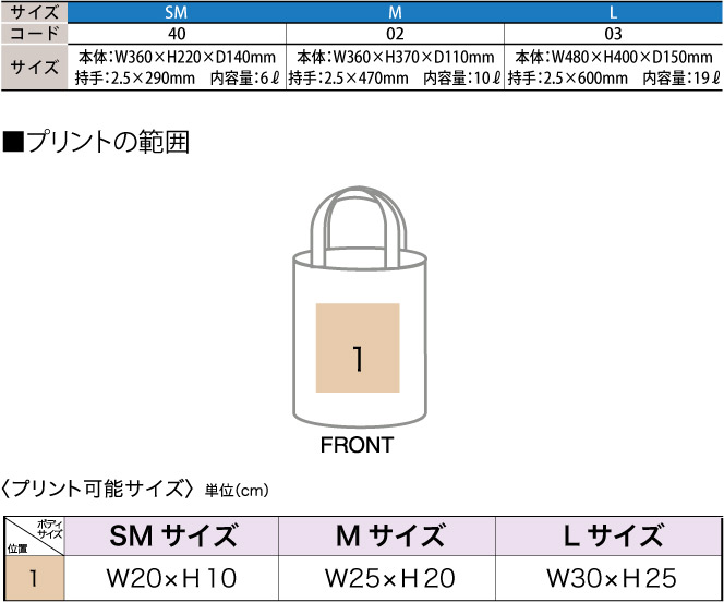 商品サイズとプリント範囲