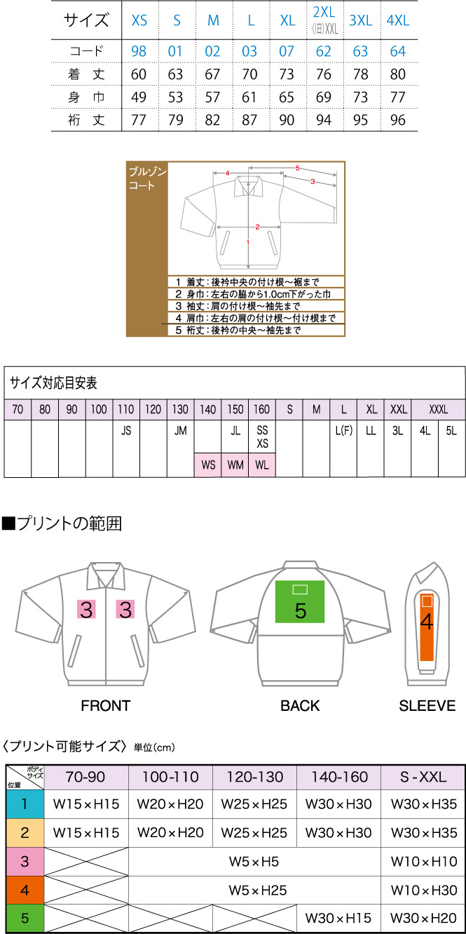 商品サイズとプリント範囲