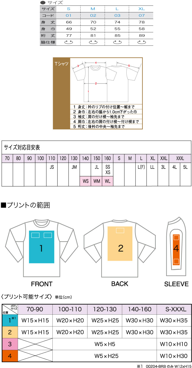 商品サイズとプリント範囲