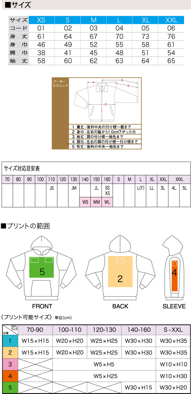 商品サイズとプリント範囲