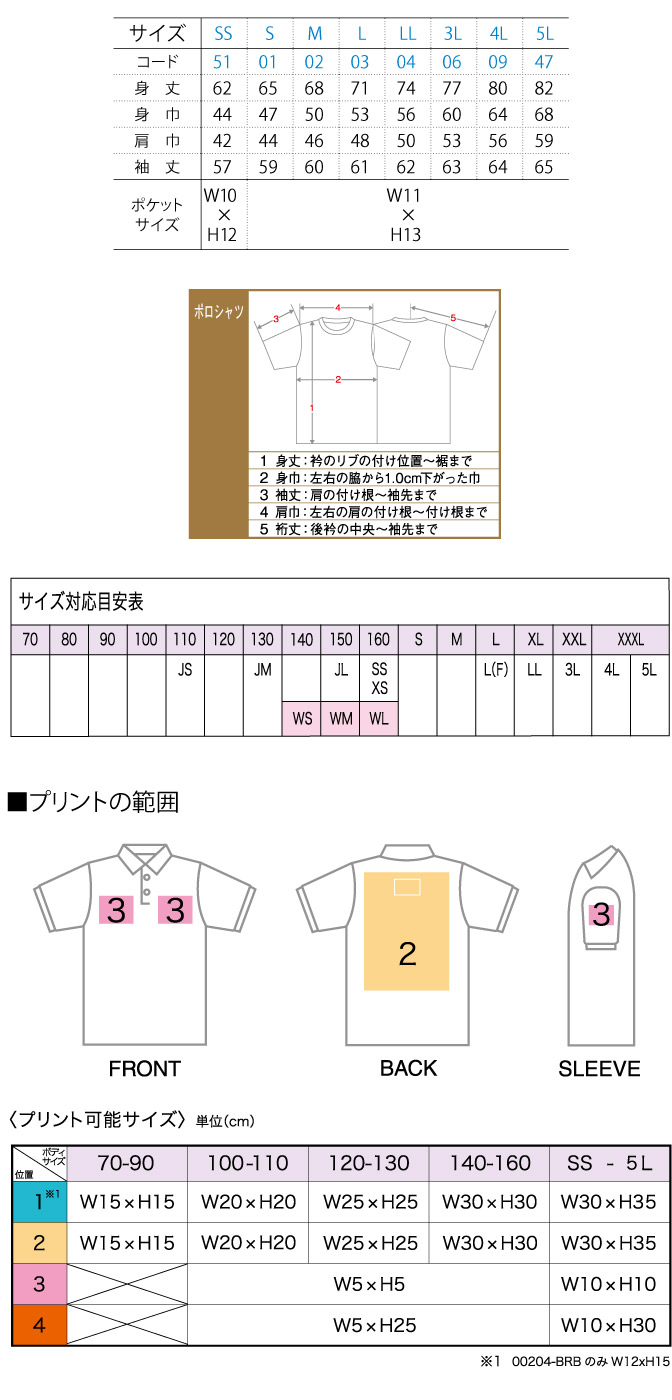 商品サイズとプリント範囲