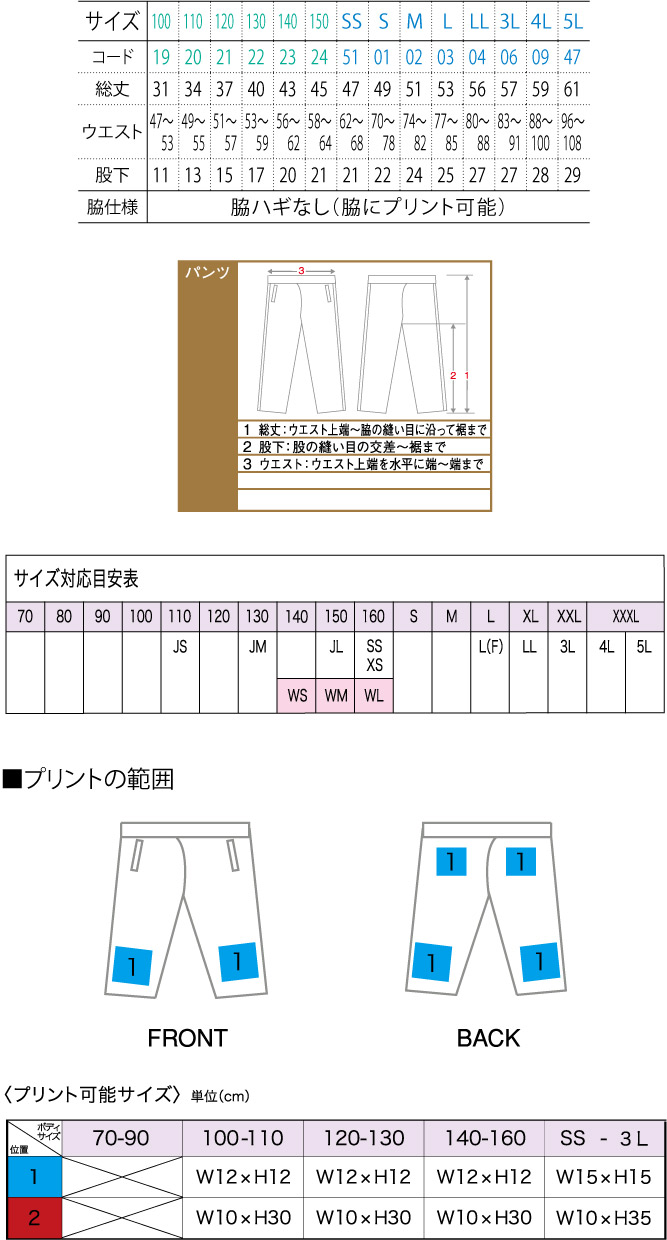 商品サイズとプリント範囲