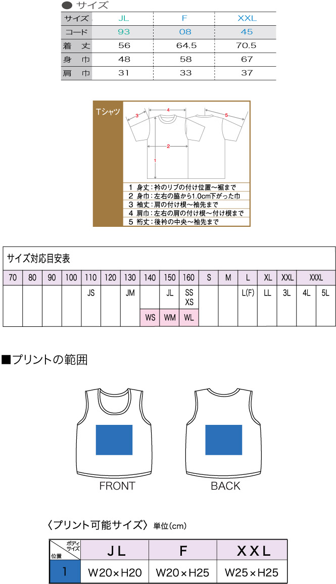 商品サイズとプリント範囲