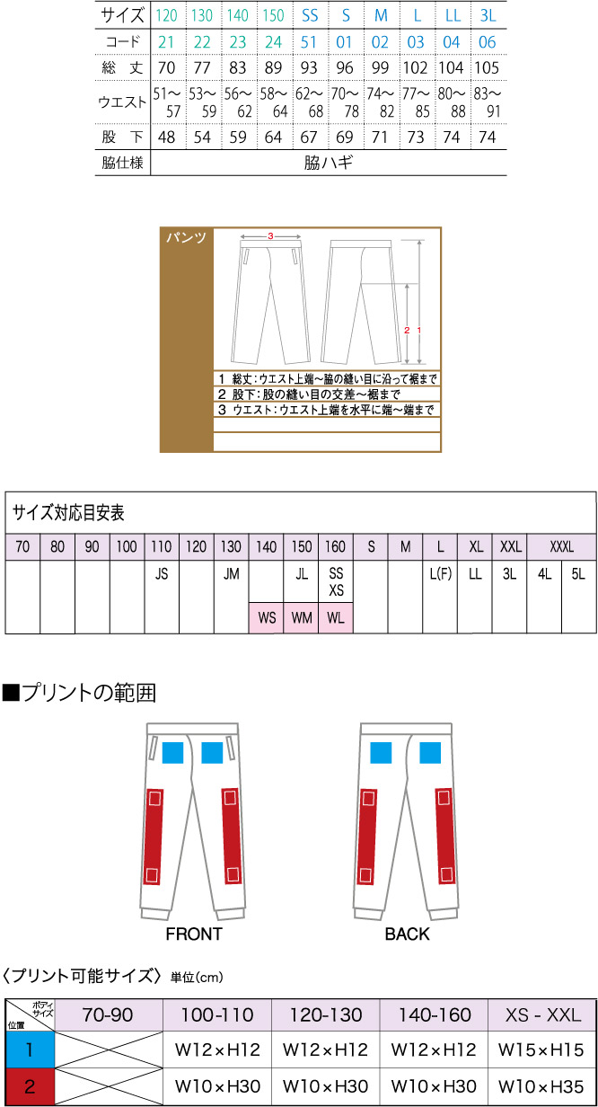 商品サイズとプリント範囲