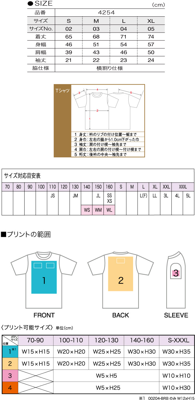 商品サイズとプリント範囲