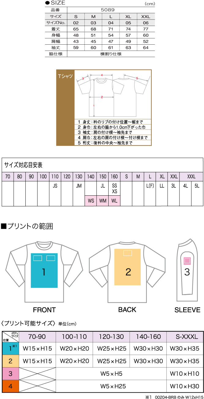 商品サイズとプリント範囲