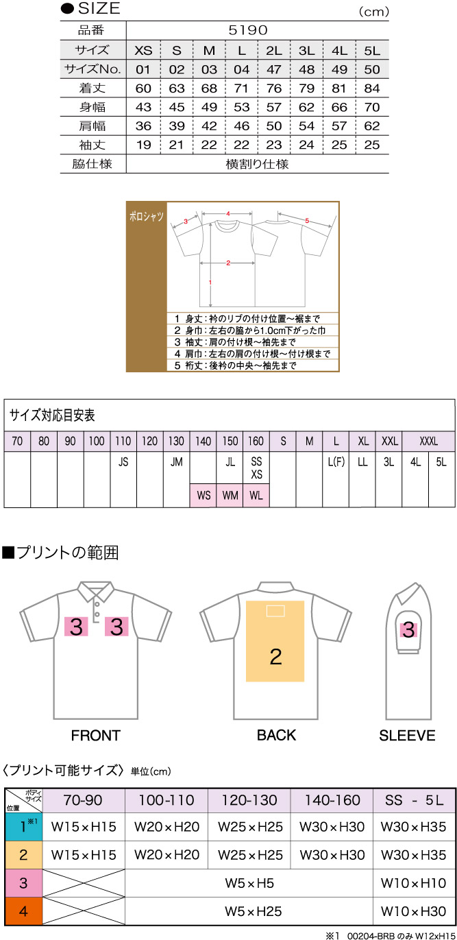 商品サイズとプリント範囲