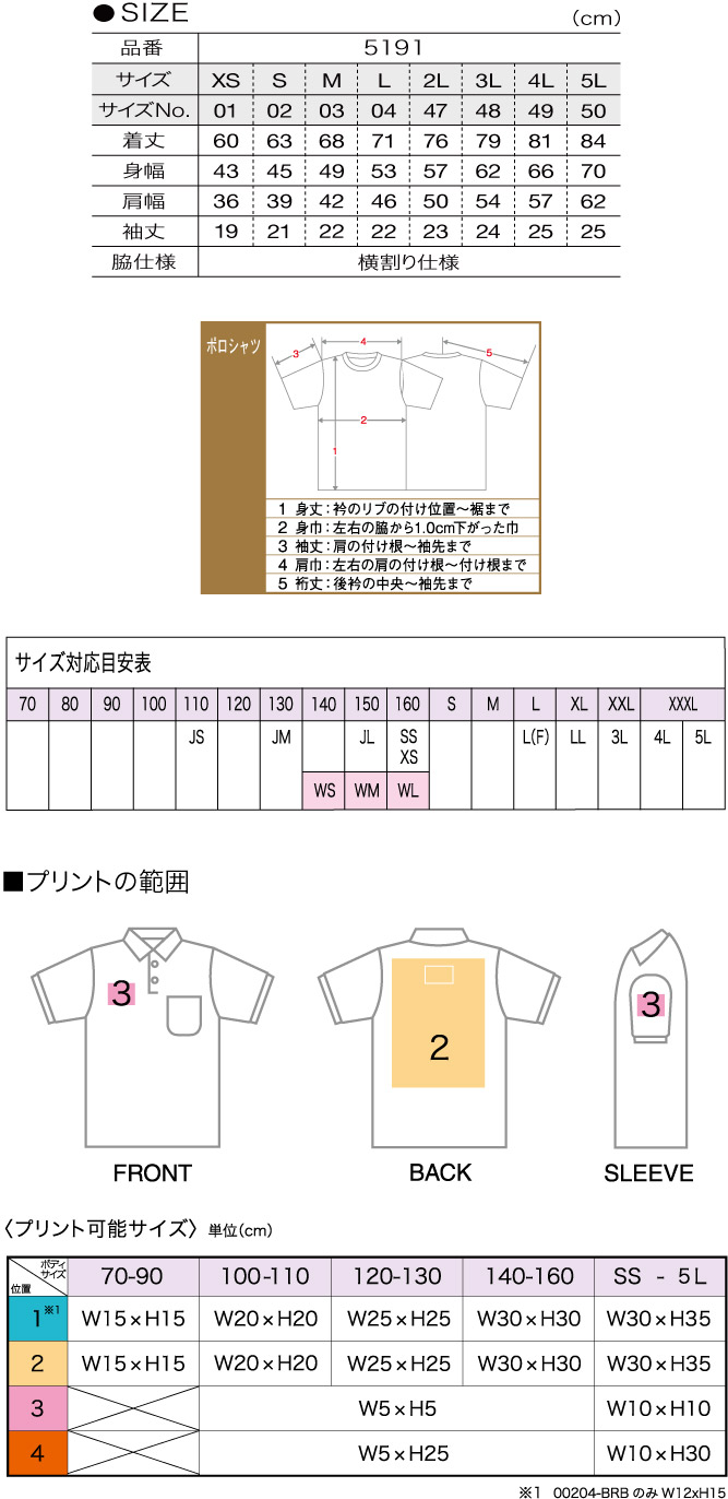 商品サイズとプリント範囲