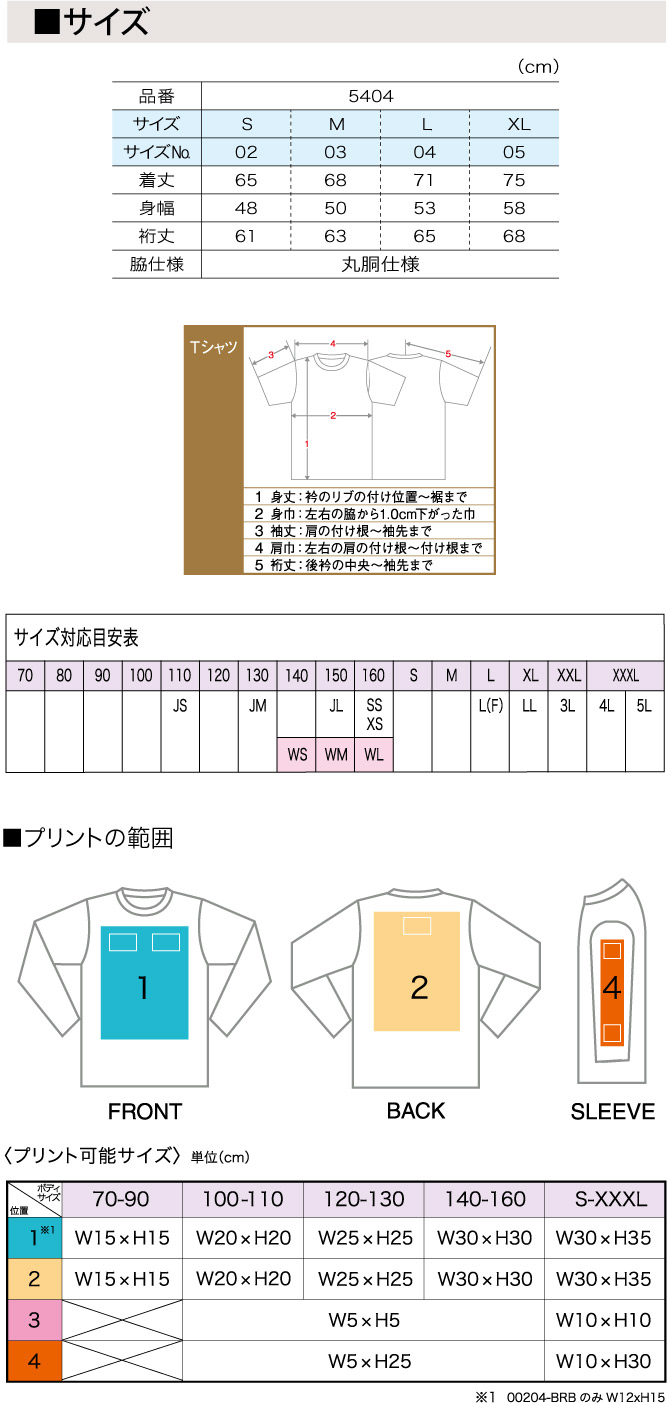 商品サイズとプリント範囲