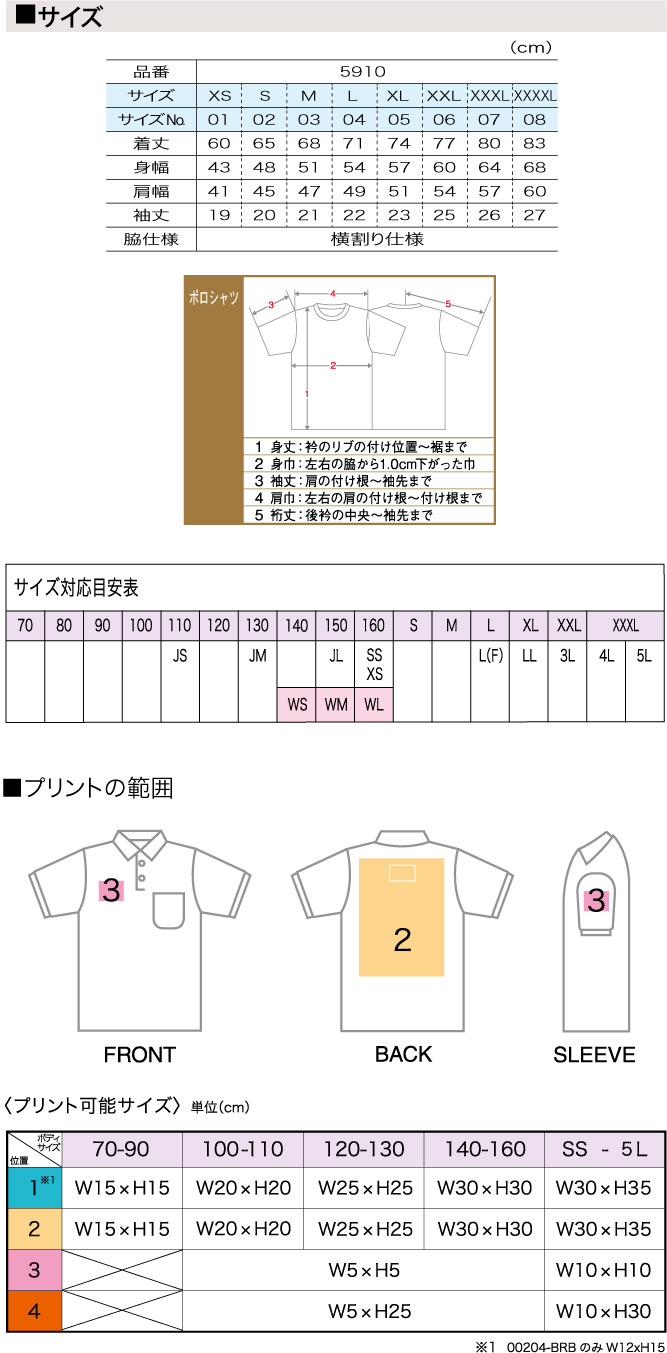 商品サイズとプリント範囲