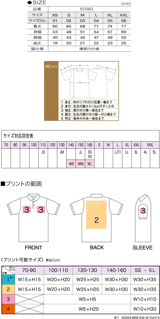 商品サイズとプリント範囲